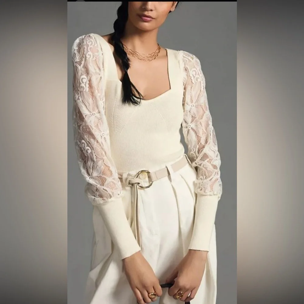 Anthropologie Ivory Lace Sleeve Sweater - Picture 1 of 11